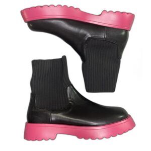 CUCCOO Platform Chunky Ankle Sock Bootie Boots Womens 41 10 Black Pink Sole